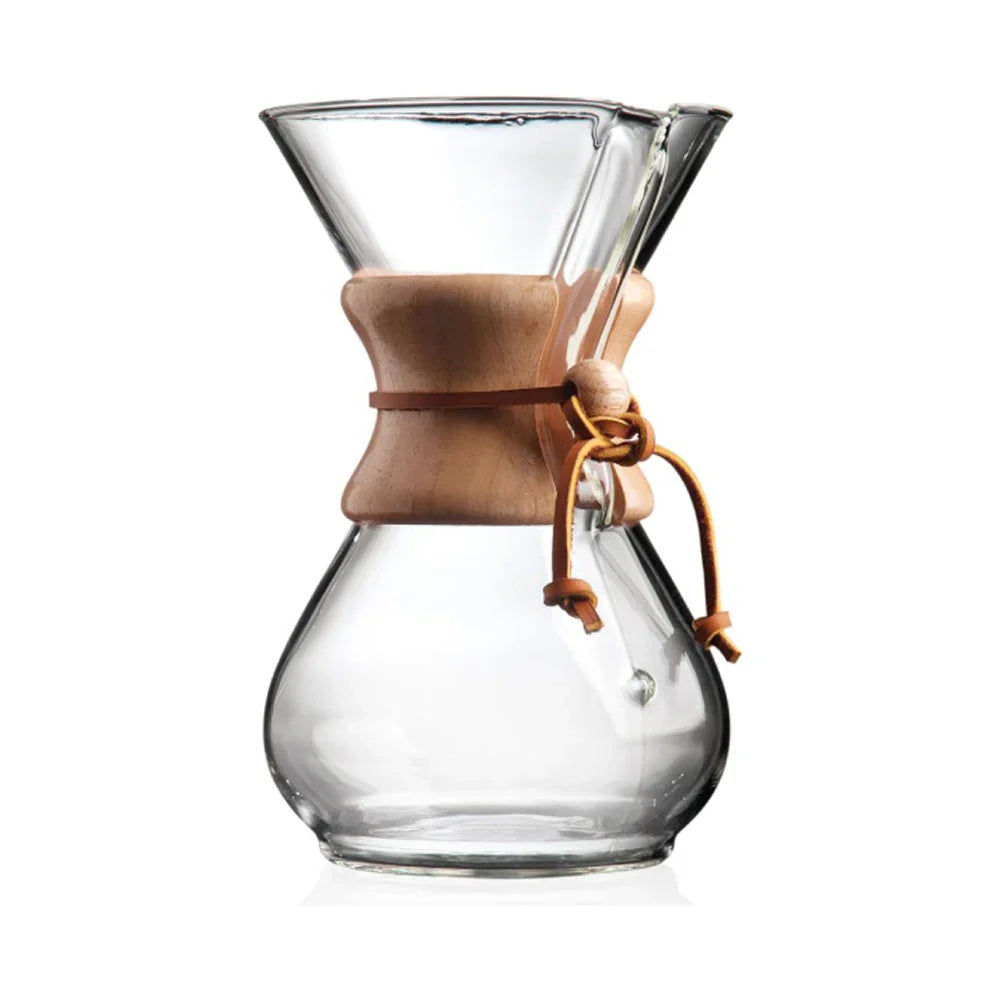 Chemex Classic Series 6-cup pour-over coffeemaker with the signature wood collar and leather cord.