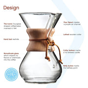 Chemex Classic Series 6-cup pour-over coffeemaker with the signature wood collar and leather cord. design image