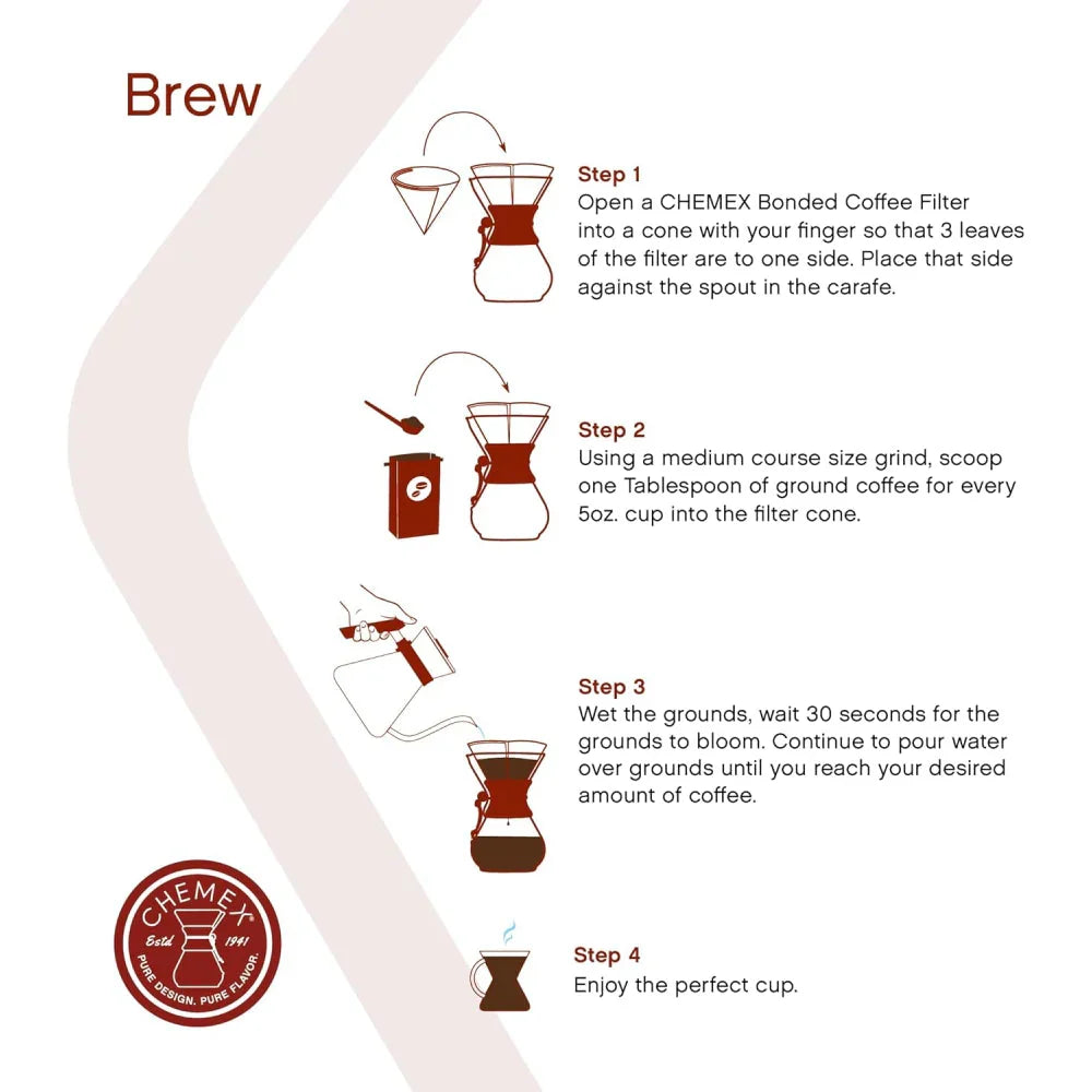 Chemex Classic Series 3-cup pour-over coffeemaker with iconic polished wood collar and leather tie. brewing guide step by step