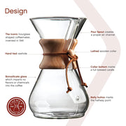 Chemex Classic Series 3-cup pour-over coffeemaker with iconic polished wood collar and leather tie. Design guide.