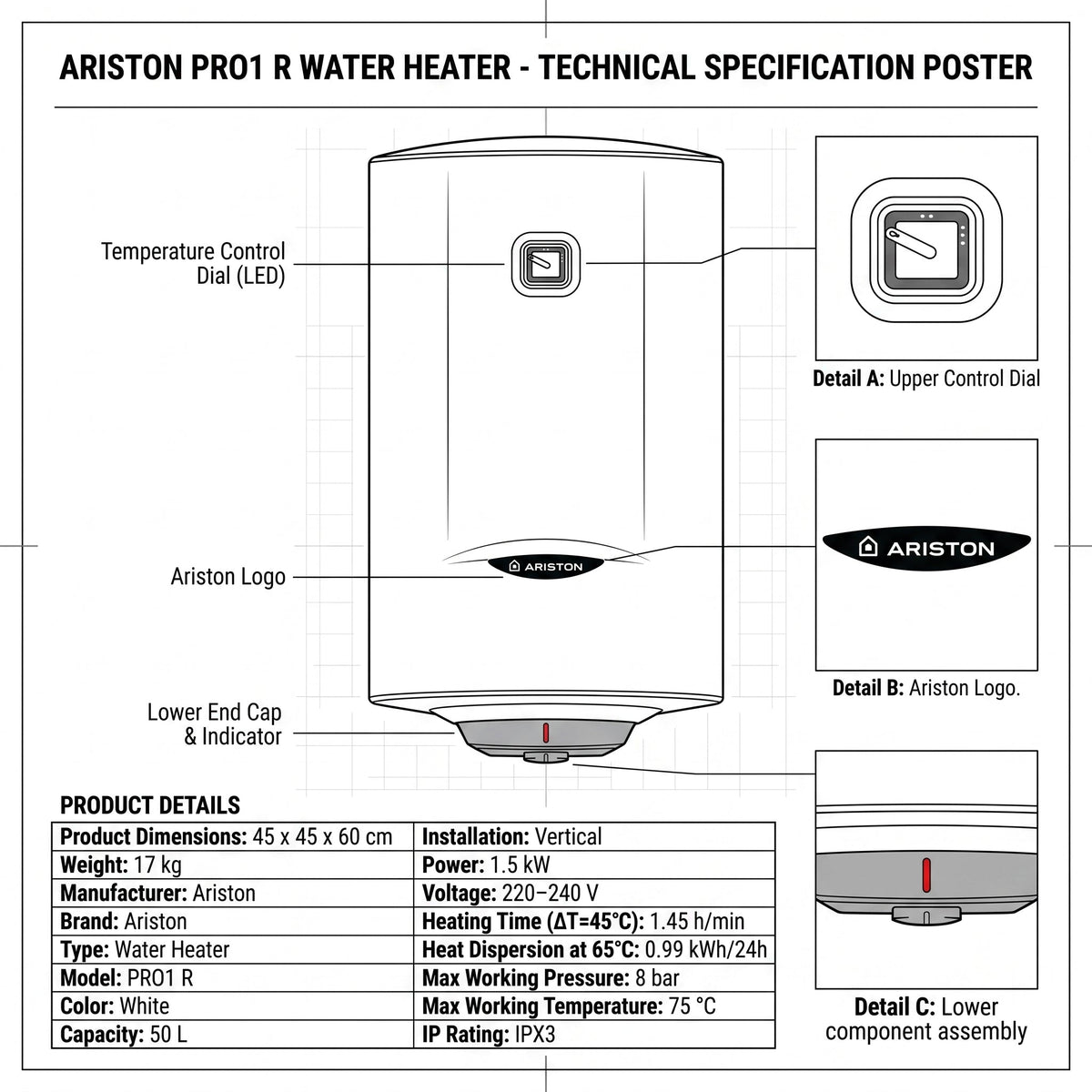 Ariston Electric Water Heater Vertical PRO1 R Italy, 50 L - White