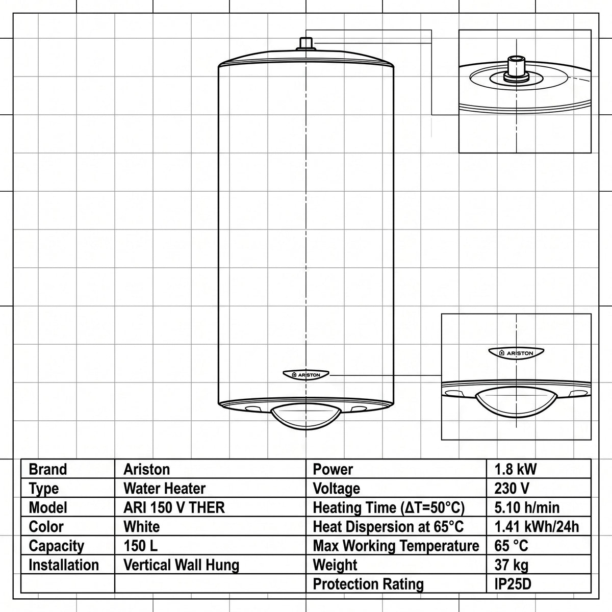 Ariston Electric Water Heater Vertical ARI 150 V THER, 150L - White