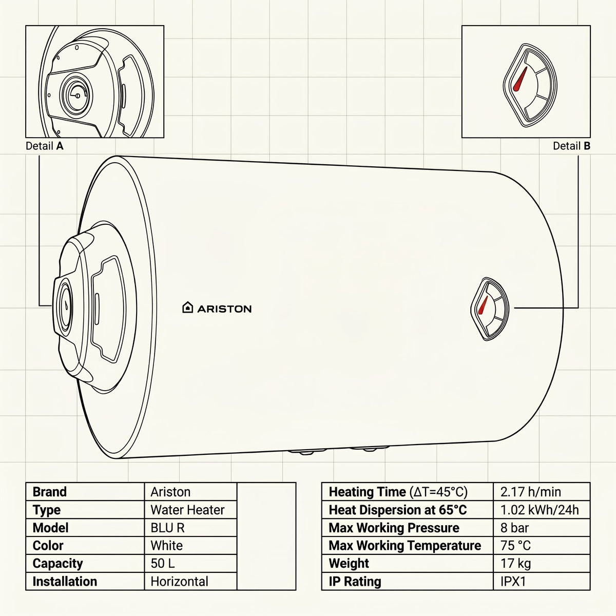 Ariston Electric Water Heater Horizontal BLU R, 50 L - White