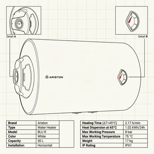 Ariston Electric Water Heater Horizontal BLU R, 50 L - White