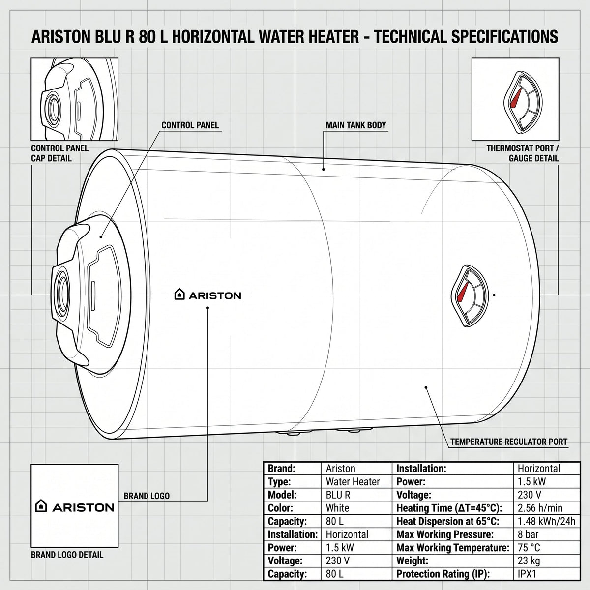 Ariston Electric Water Heater Horizontal BLU R, 80 L - White