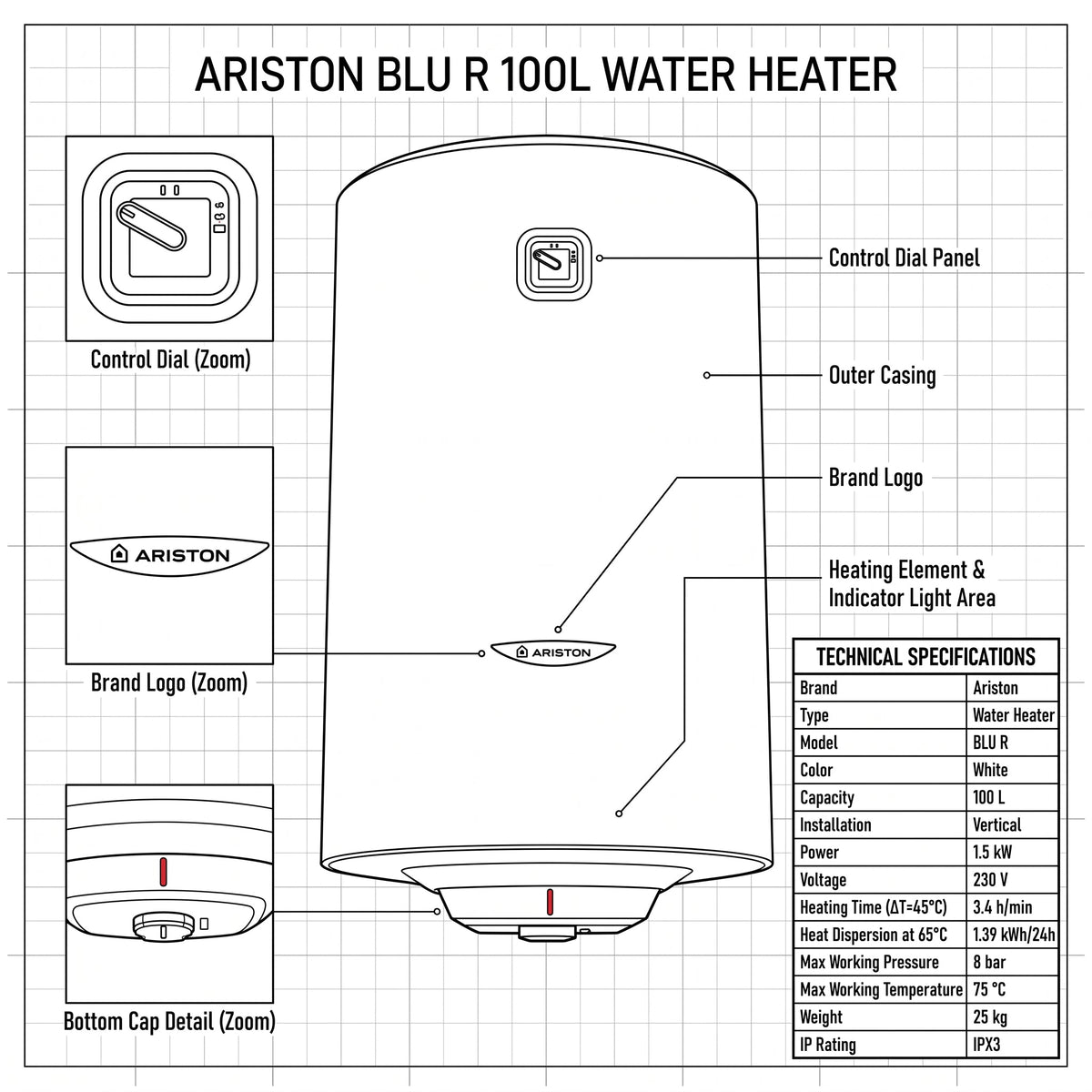 Ariston Electric Water Heater Vertical BLU R, 100 L - White