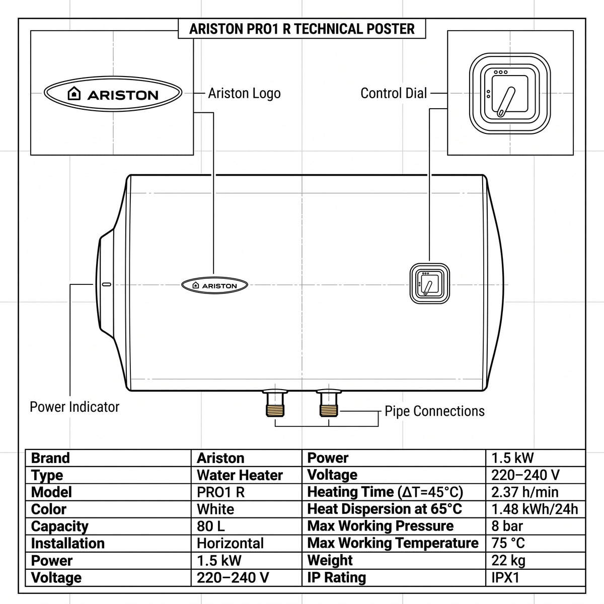 Ariston Electric Water Heater Horizontal PRO1 R Italy, 80 Liter - White