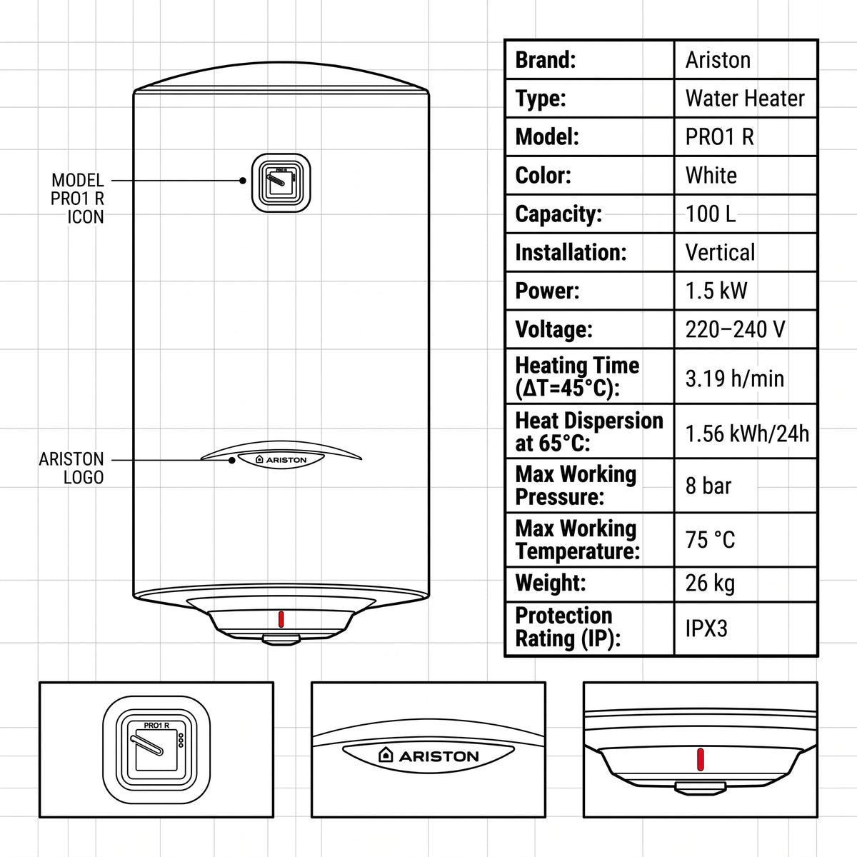 Ariston Electric Water Heater Vertical PRO1 R Italy, 100 Liter - White