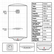 Ariston Electric Water Heater Vertical PRO1 R Italy, 100 Liter - White