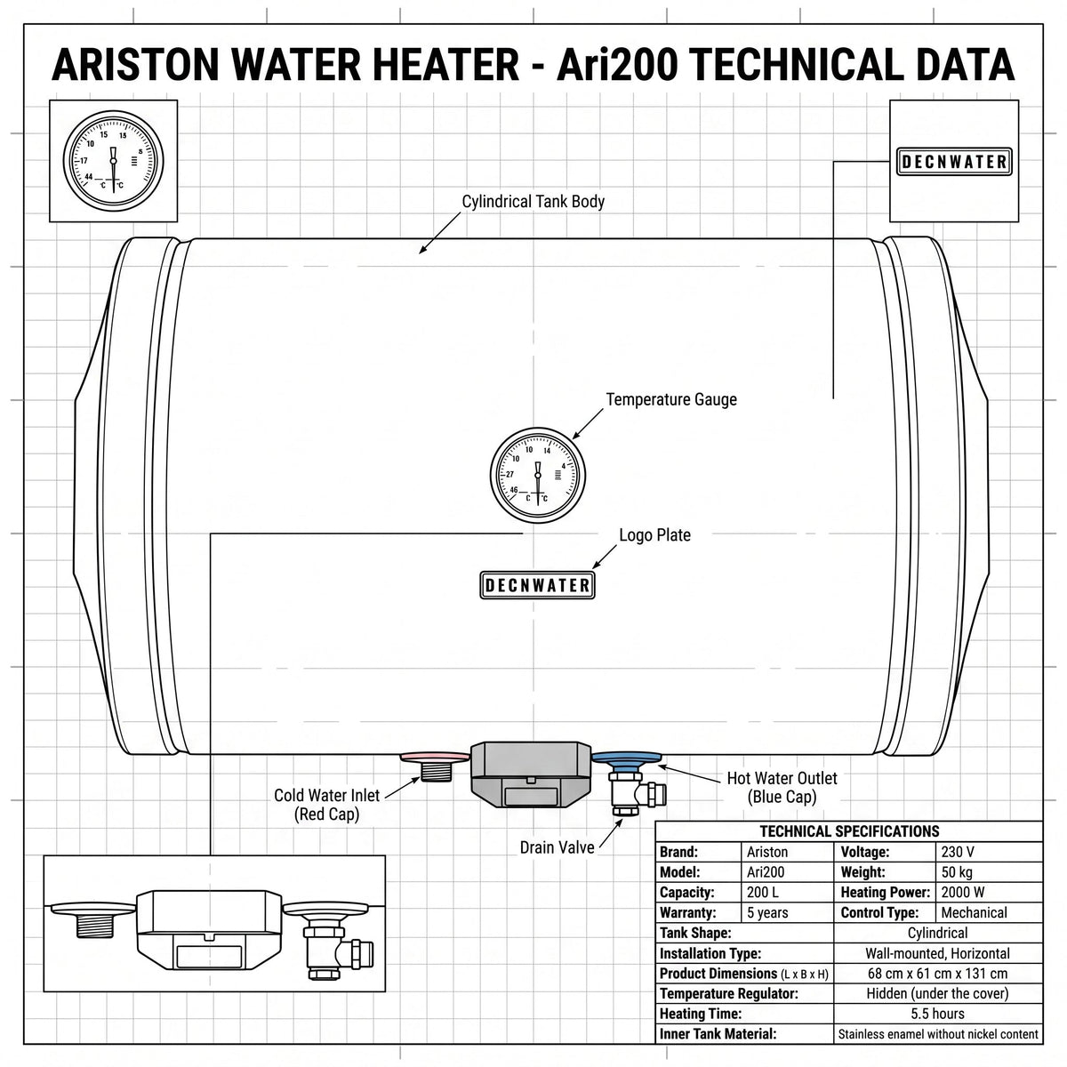 Ariston BLU R 200 Horizontal Water Heater