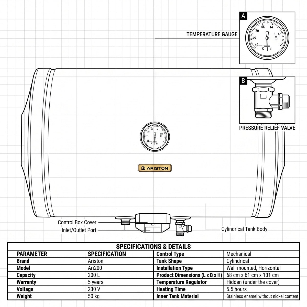 Ariston BLU R 200 Horizontal Water Heater