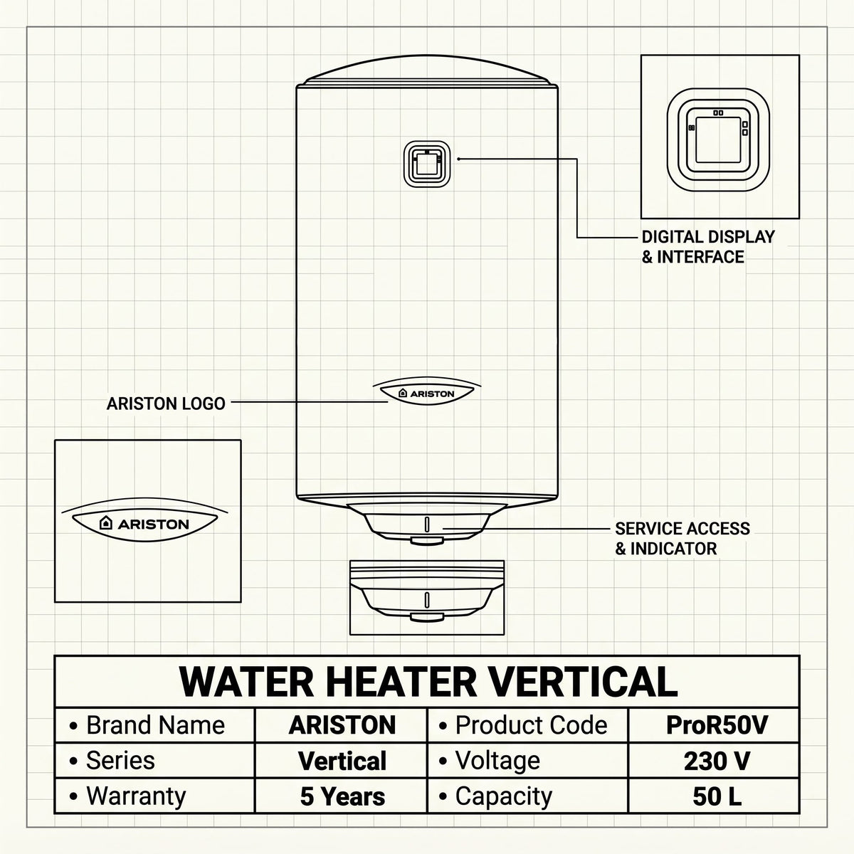 Ariston Water Heater Vertical Pro r 50v, 50 L