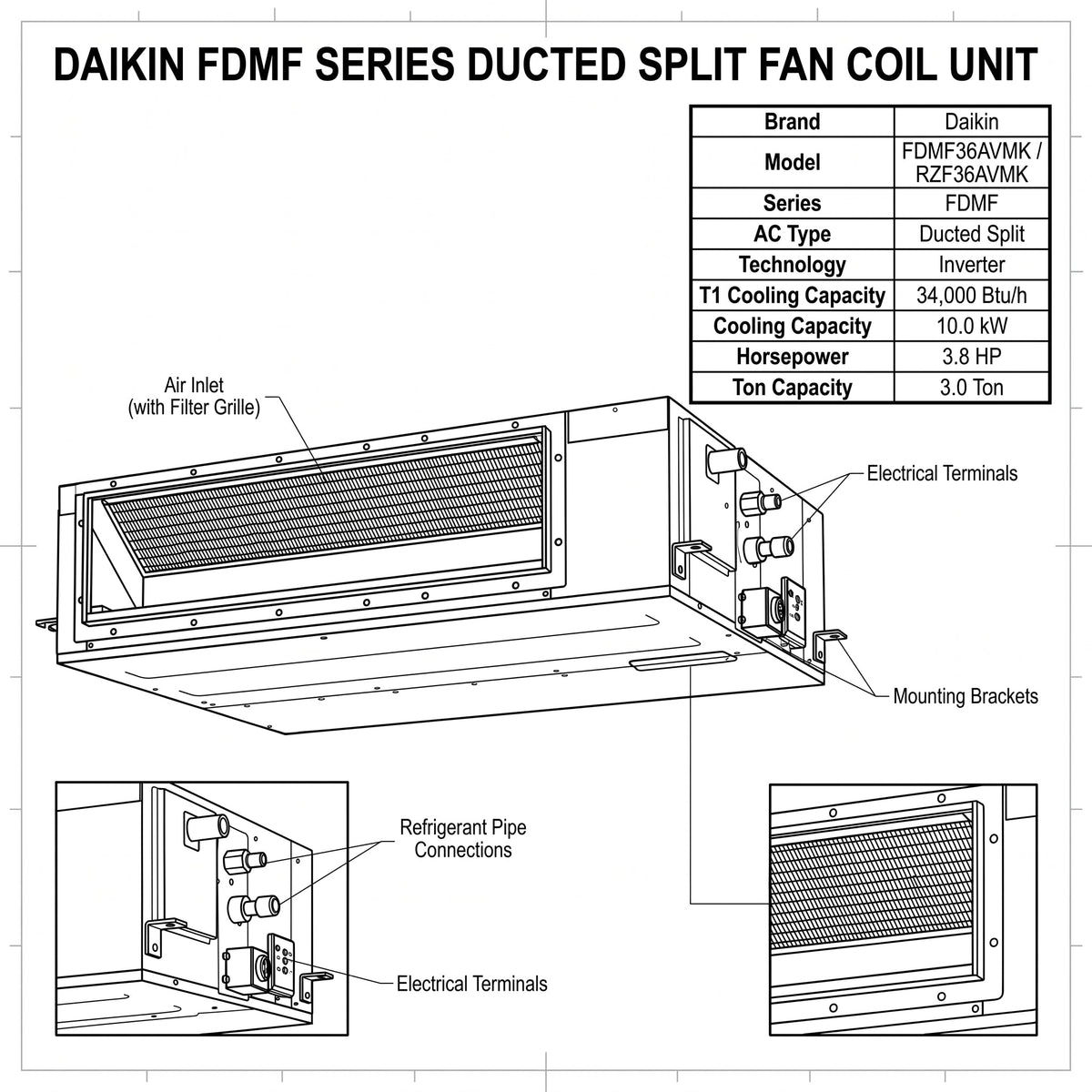 Daikin Ducted Split 3.0 Ton | 10.0 kW | 3.8 HP | 34,000 Btu/h Air Conditioner FDMF36AVMK / RZF36AVMK