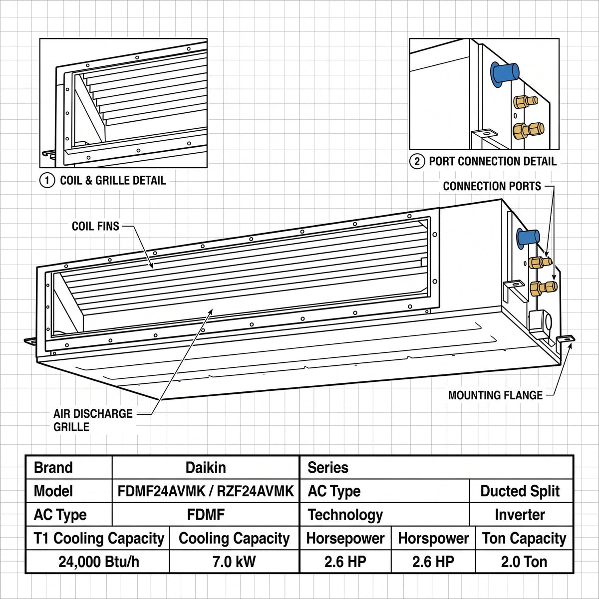 Daikin Ducted Split Air Conditioner 2.0 Ton 7.0 kW 2.6 HP 24,000 Btu/h FDMF24AVMK / RZF24AVMK
