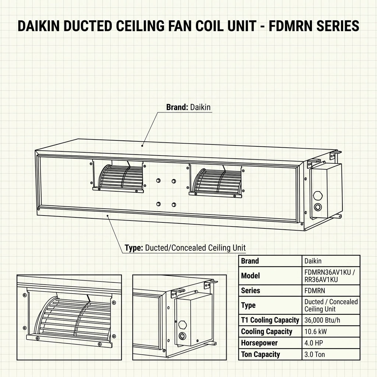 Daikin Ducted Split Air Conditioner 3.0 Ton 10.6 kW 4.0 HP 36,000 Btu/h FDMRN36AV1KU / RR36AV1KU