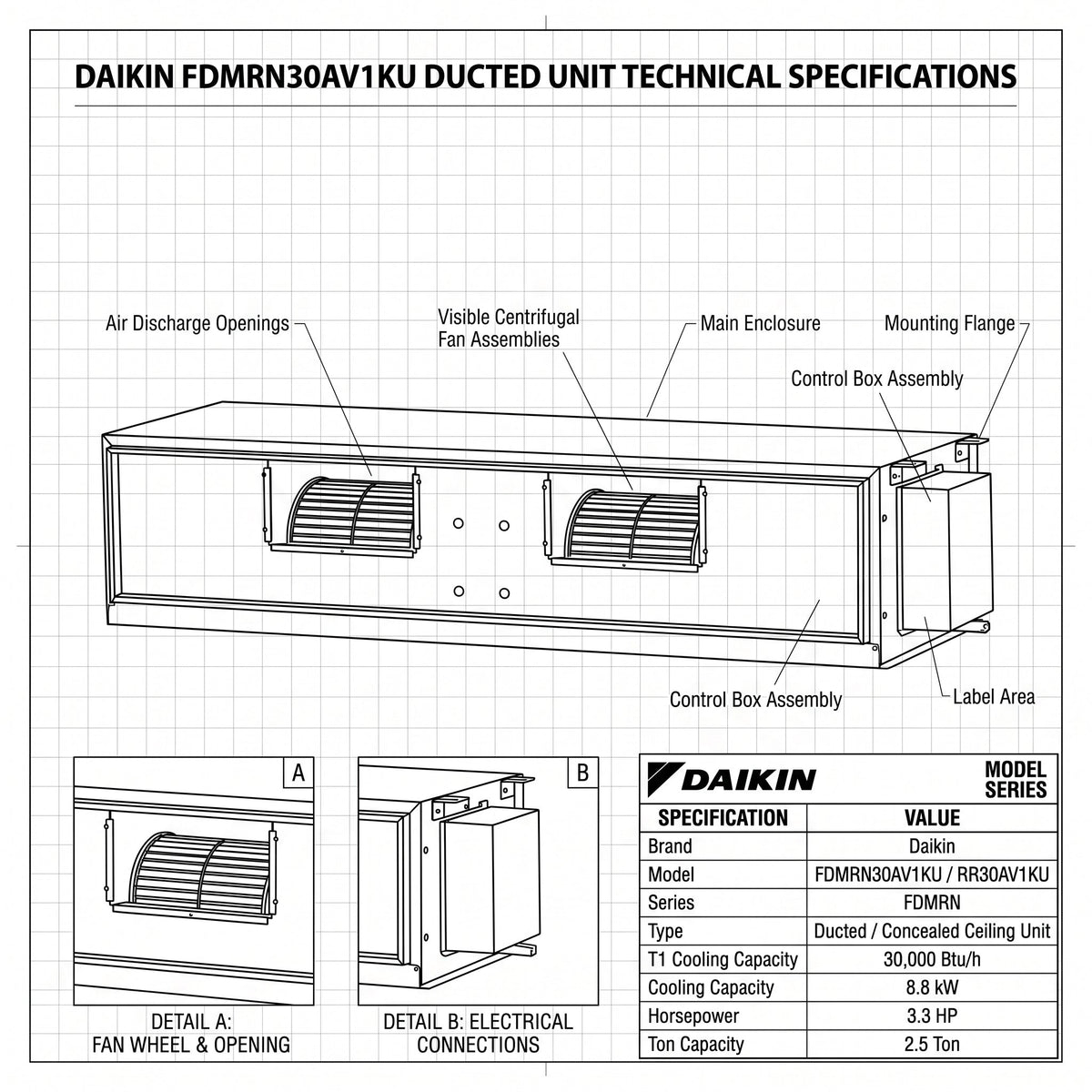 Daikin Ducted Split Air Conditioner 2.5 Ton 8.8 kW 3.3 HP 30,000 Btu/h FDMRN30AV1KU / RR30AV1KU