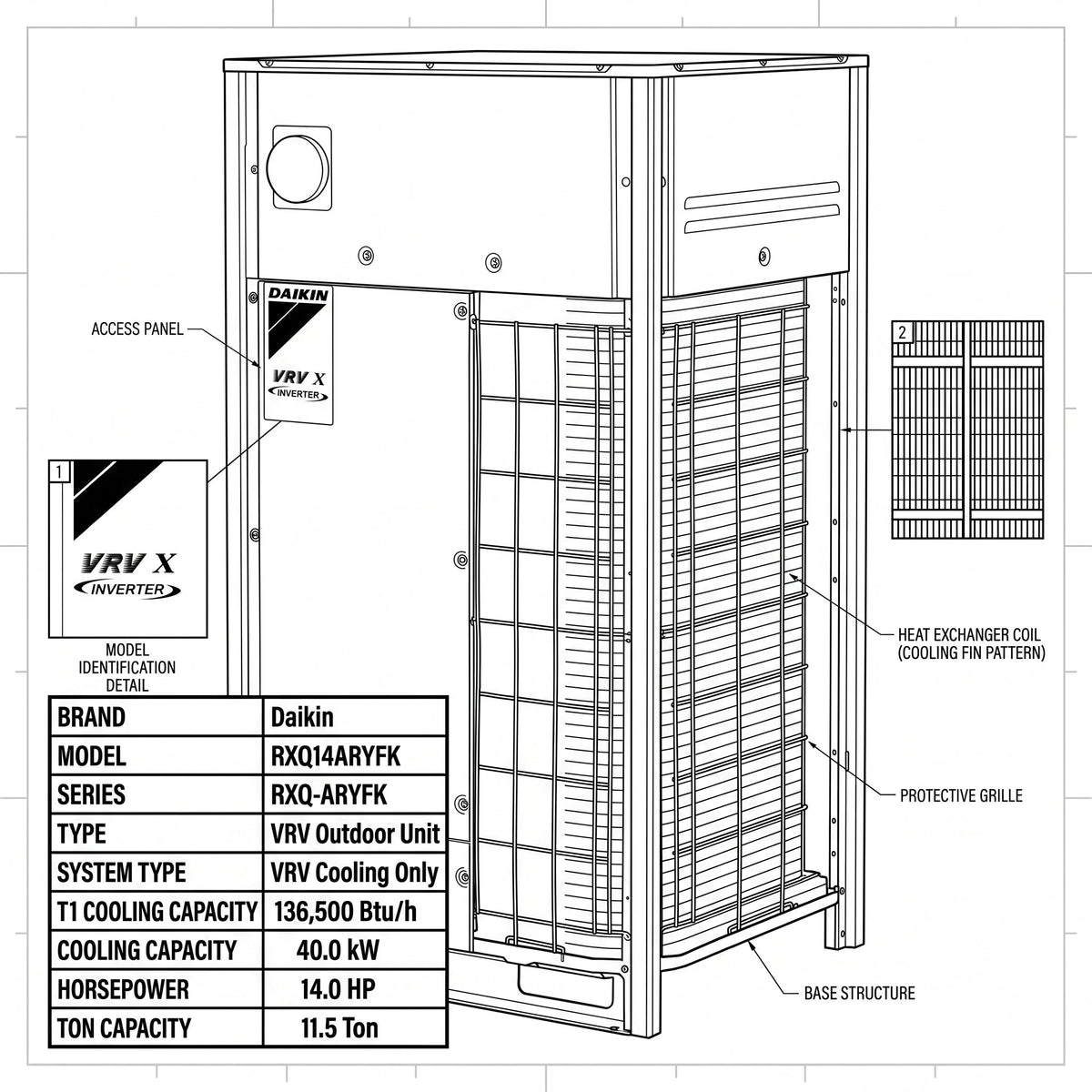 Daikin VRV Outdoor Unit 11.5 Ton 40.0 kW 14.0 HP 136,500 Btu/h RXQ14ARYFK