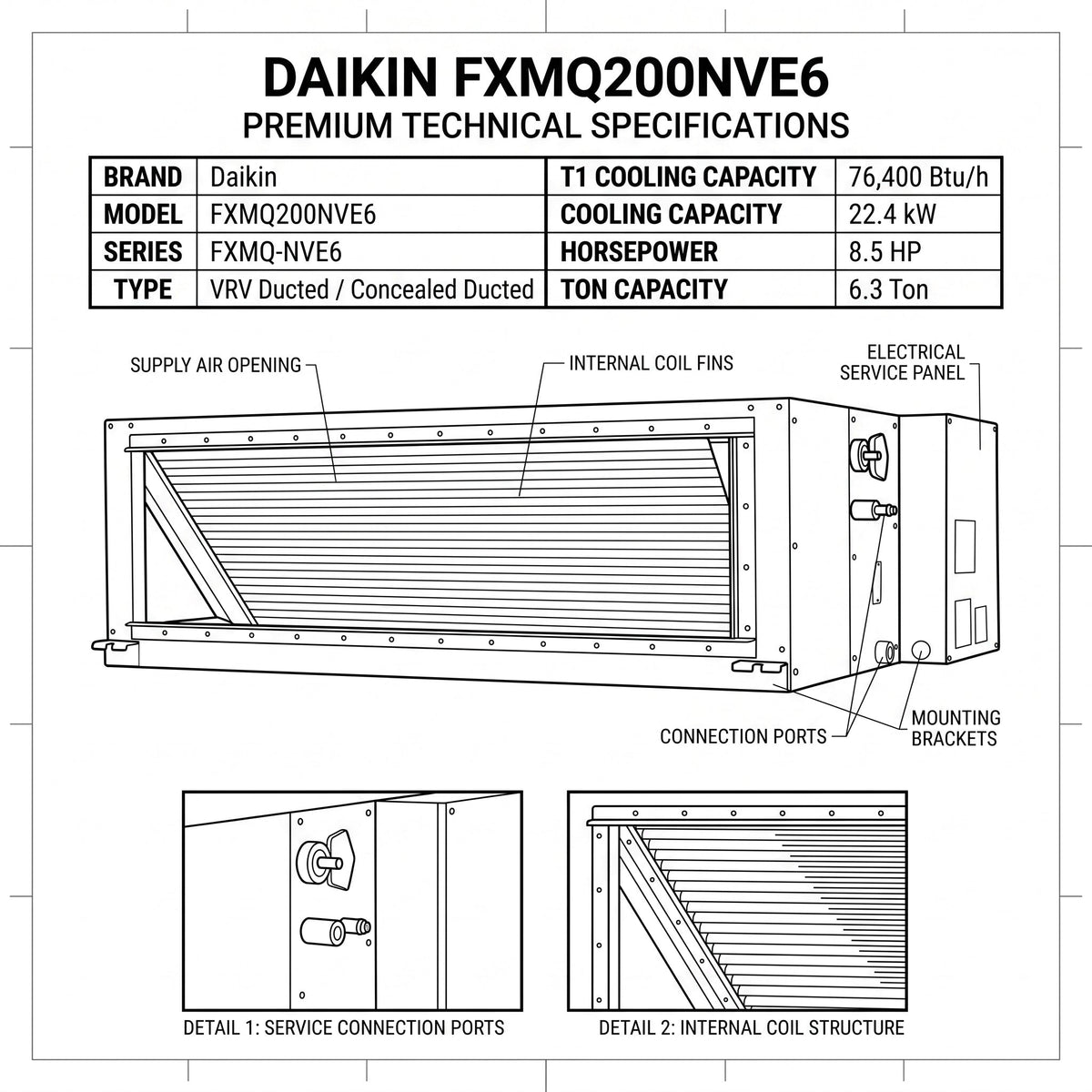 Daikin Ducted Splits for VRV Systems 6.3 Ton 22.4 kW 8.5 HP 76,400 Btu/h FXMQ200NVE6