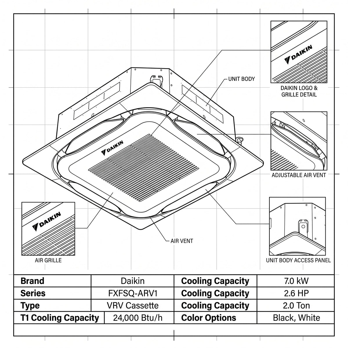 Daikin Cassette Splits for VRV Systems 2.0 Ton | 7.0 kW | 2.6 HP | 24,000 Btu/h FXFSQ63ARV1 Black