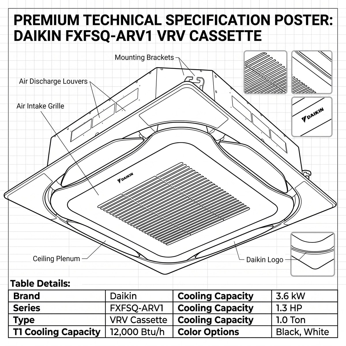 Daikin Cassette Splits for VRV Systems 1.0 Ton 3.6 kW 1.3 HP 12,000 Btu/h FXFSQ32ARV1 White