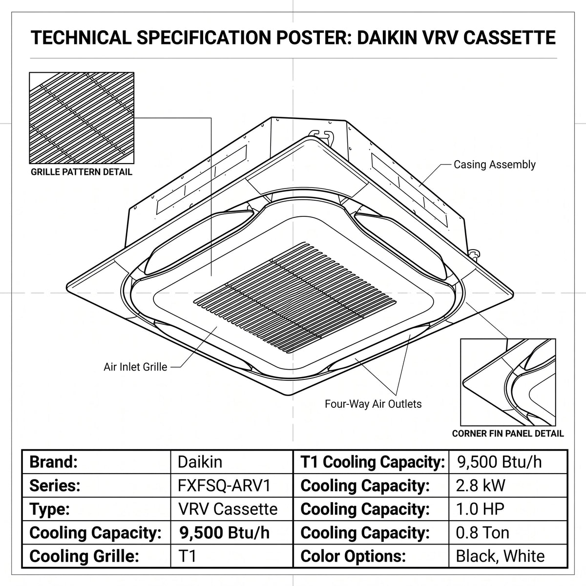 Daikin Cassette Splits for VRV Systems 0.8 Ton 2.8 kW 1.0 HP 9,500 Btu/h FXFSQ25ARV1 Black