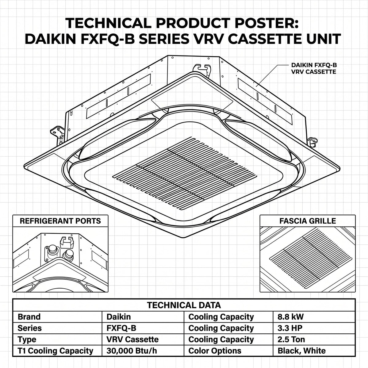Daikin Cassette Splits for VRV Systems 2.5 Ton | 8.8 kW | 3.3 HP | 30,000 Btu/h FXFQ80B Black