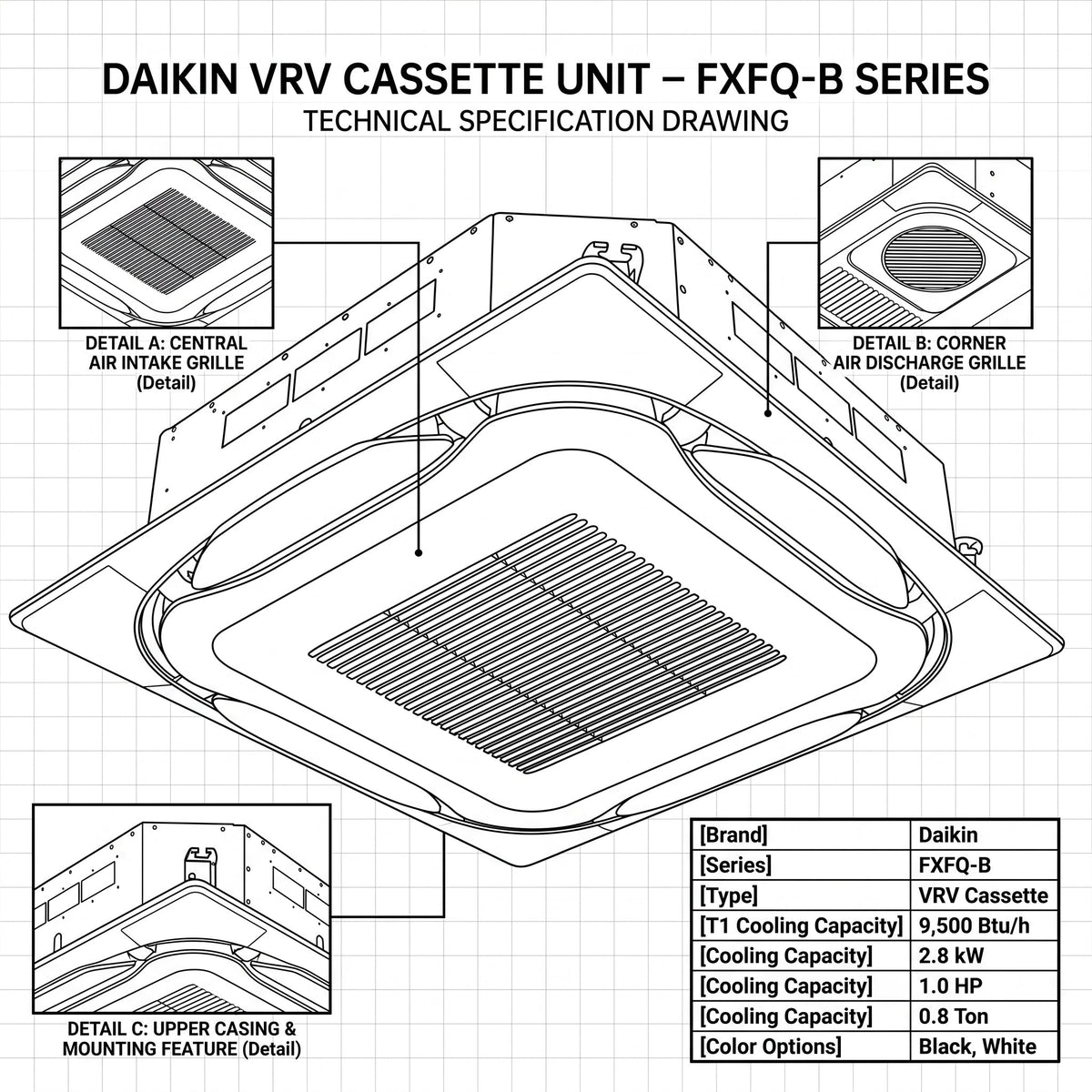 Daikin Cassette Splits for VRV Systems 0.8 Ton 2.8 kW 1.0 HP 9,500 Btu/h FXFQ25B White
