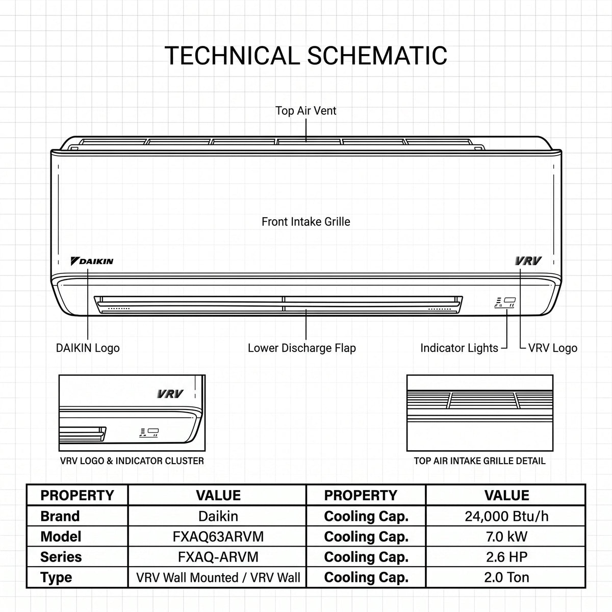 Daikin Wall Splits for VRV Systems 2.0 Ton 7.0 kW 2.6 HP 24,000 Btu/h FXAQ63ARVM