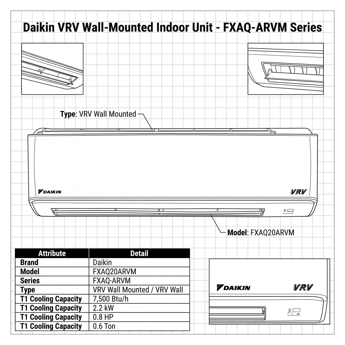 Daikin Wall Splits for VRV Systems 0.6 Ton 2.2 kW 0.8 HP 7,500 Btu/h FXAQ20ARVM
