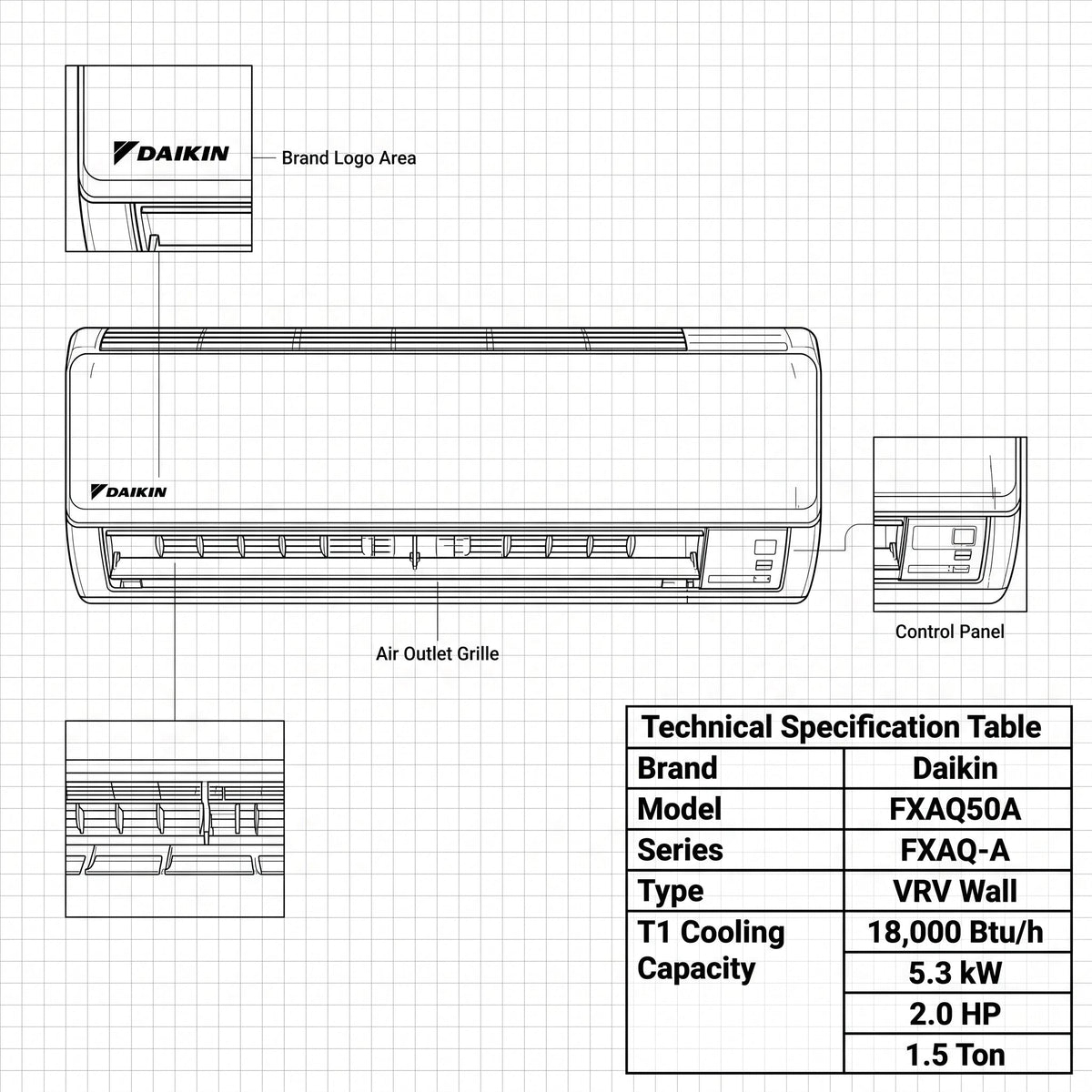 Daikin Wall Splits for VRV Systems 1.5 Ton 5.3 kW 2.0 HP 18,000 Btu/h FXAQ50A