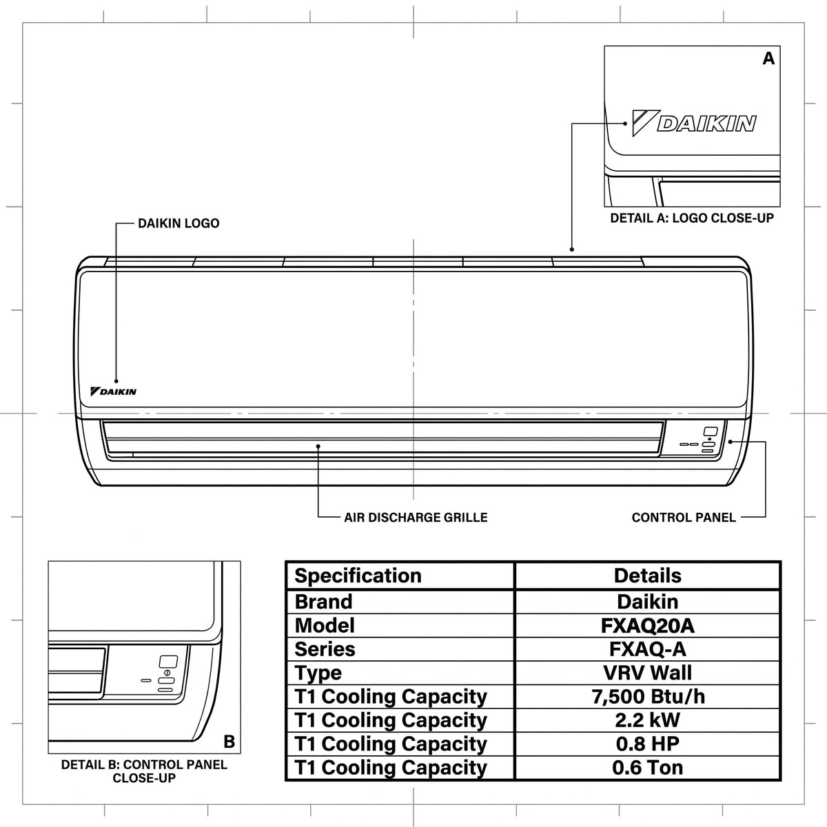 Daikin Wall Splits for VRV Systems 0.6 Ton 2.2 kW 0.8 HP 7,500 Btu/h FXAQ20A