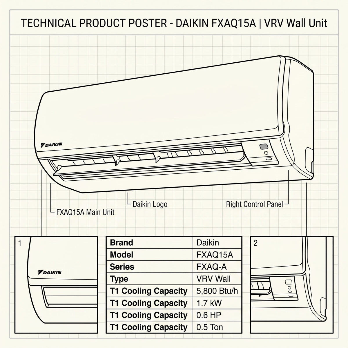 Daikin Wall Splits for VRV Systems 0.5 Ton 1.7 kW 0.6 HP 5,800 Btu/h FXAQ15A
