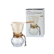Hario Drip Pot with Olive Woodneck collar and reusable cloth filter for authentic Nel drip coffee brewing.