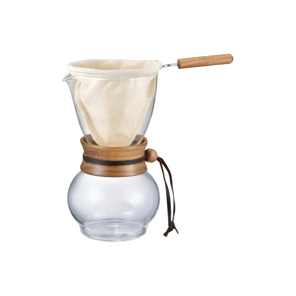 Hario Drip Pot with Olive Woodneck collar and reusable cloth filter for authentic Nel drip coffee brewing.