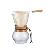 Hario Drip Pot with Olive Woodneck collar and reusable cloth filter for authentic Nel drip coffee brewing.