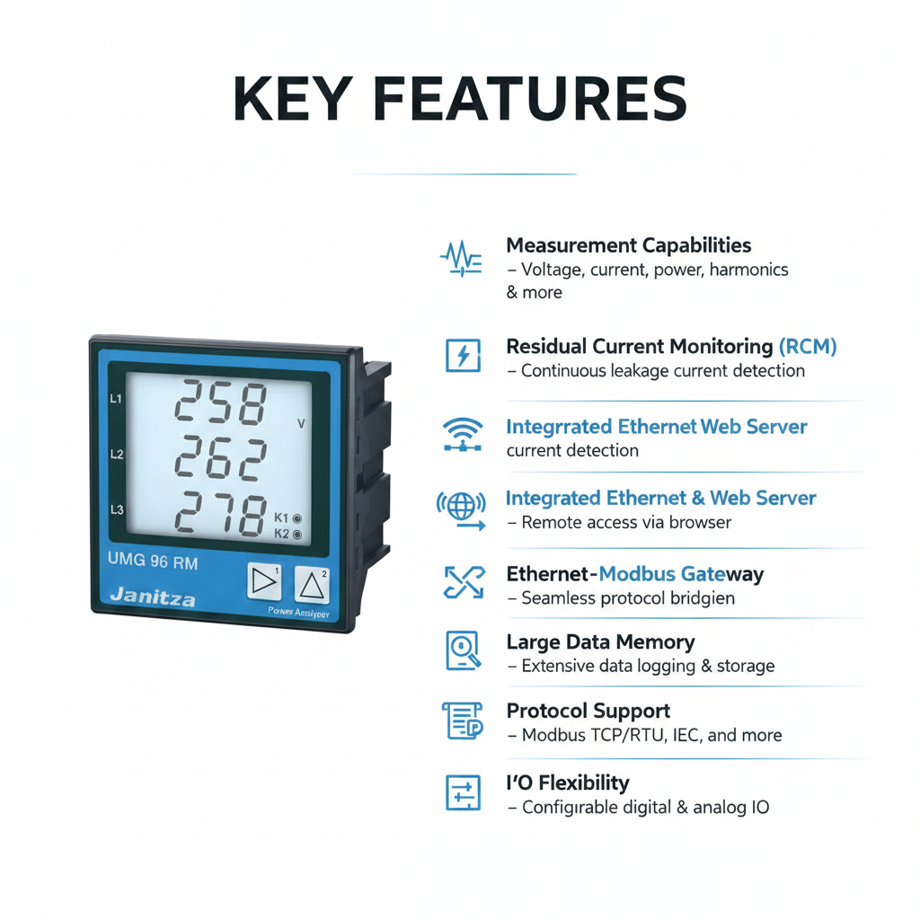 Janitza UMG 96RM-E Multi-functional power analyzer with Ethernet and RCM