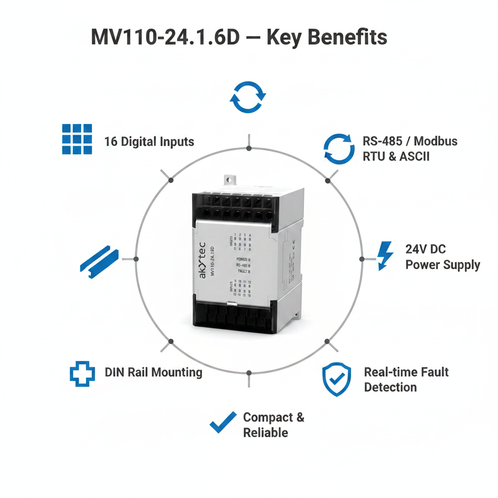 Akytec MV110-24.16D(DN), MK110-24.8D.4R Digital Input modules (DI, Modbus RTU/ASCII, RS485)