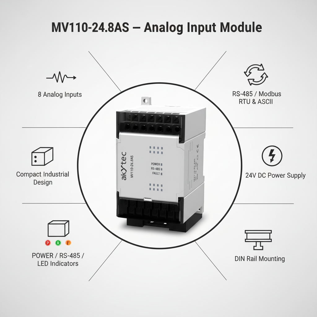 Akytec MV110-24.8A, MV110-24.8AS Analog Input Modules (AI, Modbus RTU/ASCII, RS485)