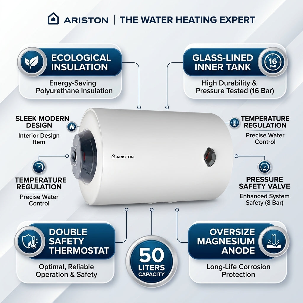 Ariston Electric Water Heater Horizontal BLU R, 50 L - White