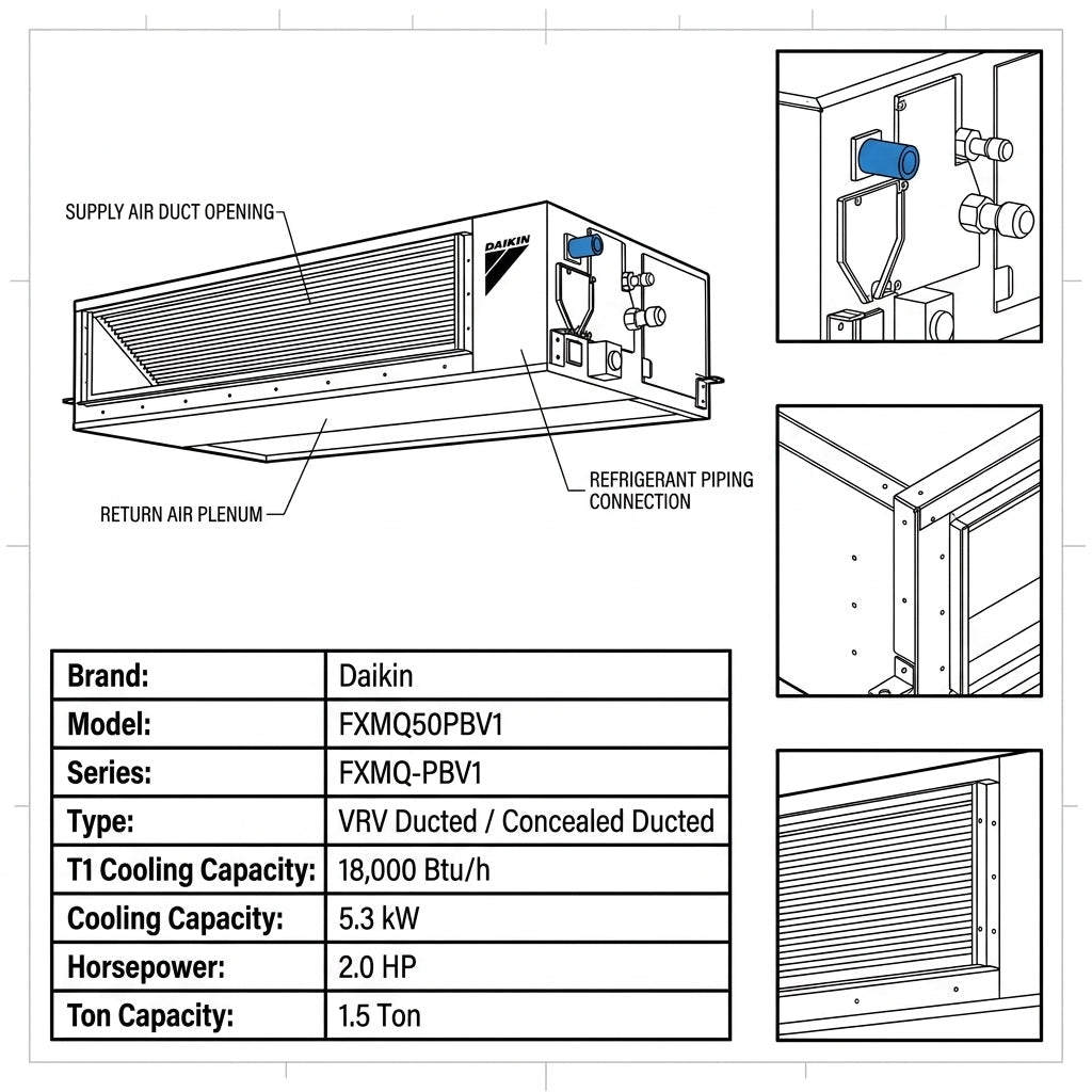 Daikin Ducted Splits for VRV Systems 1.5 Ton 5.3 kW 2.0 HP 18,000 Btu/h FXMQ50PBV1