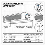 Daikin Ducted Splits for VRV Systems 1.2 Ton 4.5 kW 1.6 HP 15,000 Btu/h FXMQ40PBV1