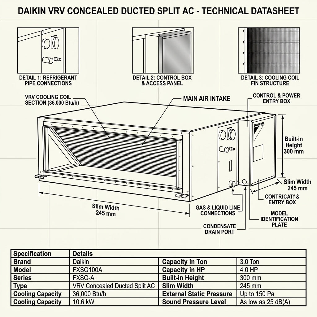 Daikin Ducted Splits for VRV Systems 3.0 Ton 10.6 kW 4.0 HP 36,000 Btu/h FXSQ100A