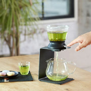 Hario Tea Dripper LARGO 35 set featuring a round glass steeping bowl, silicone base, and matching 800ml glass server.