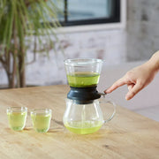 Hario Tea Dripper LARGO 35 set featuring a round glass steeping bowl, silicone base, and matching 800ml glass server.
