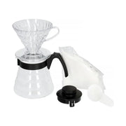 Hario V60 coffee dripper and glass server set, size 02, includes clear pour-over dripper and matching glass carafe.