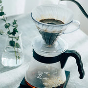 Hario V60 coffee dripper and glass server set, size 02, includes clear pour-over dripper and matching glass carafe.