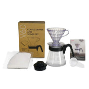 Hario V60 coffee dripper and glass server set, size 02, includes clear pour-over dripper and matching glass carafe.