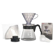Hario V60 coffee dripper and glass server set, size 02, includes clear pour-over dripper and matching glass carafe.