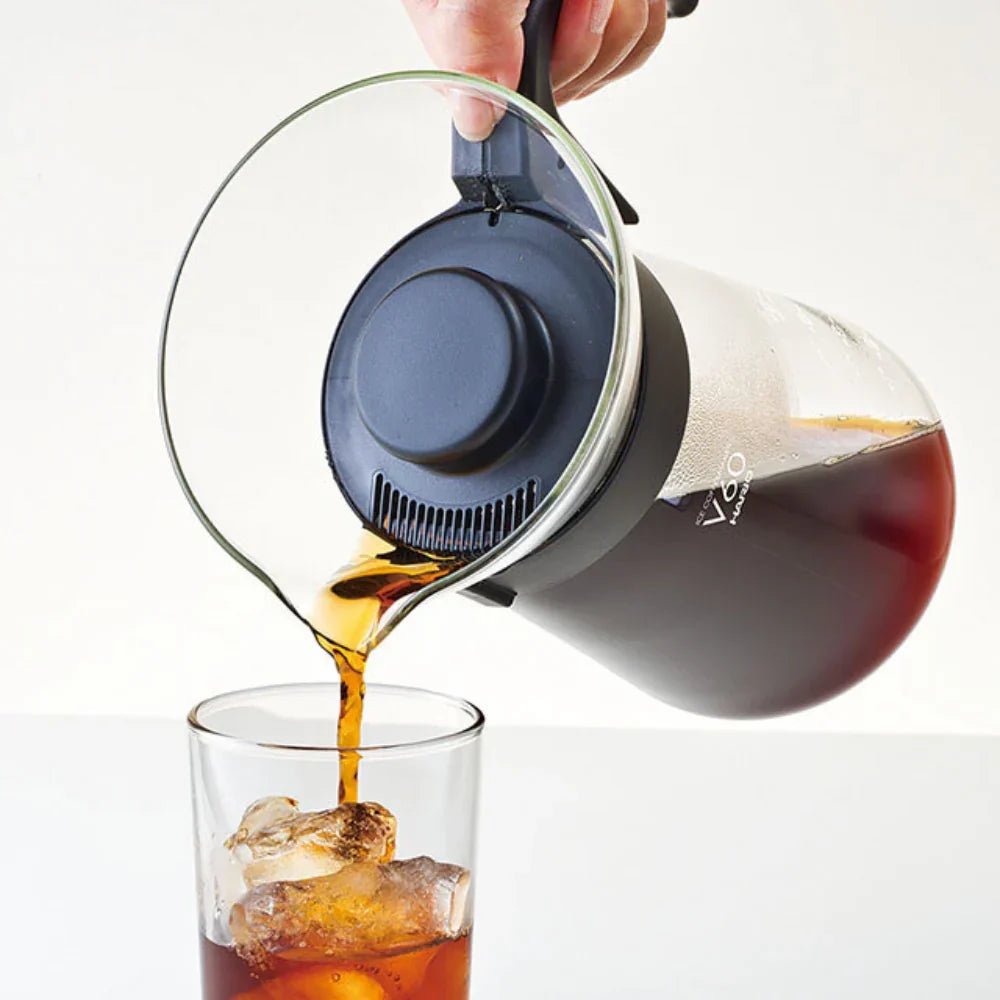 Hario V60 glass iced coffee maker with a 700ml capacity, featuring a clear glass carafe