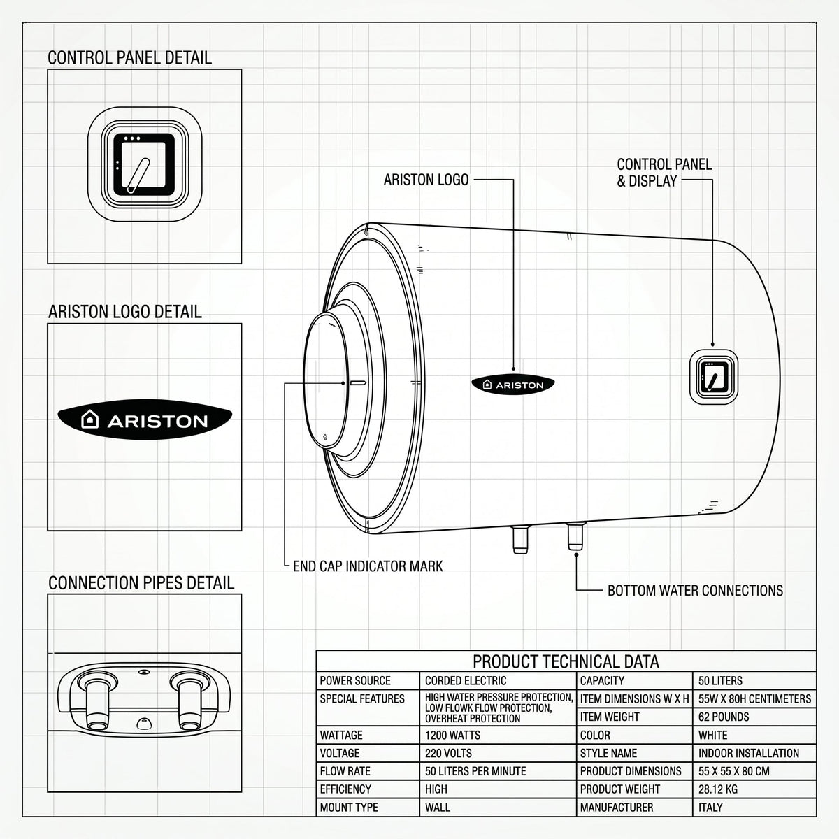 Ariston Electric Water Heater Horizontal PRO1 R Italy, 50 Liter - White